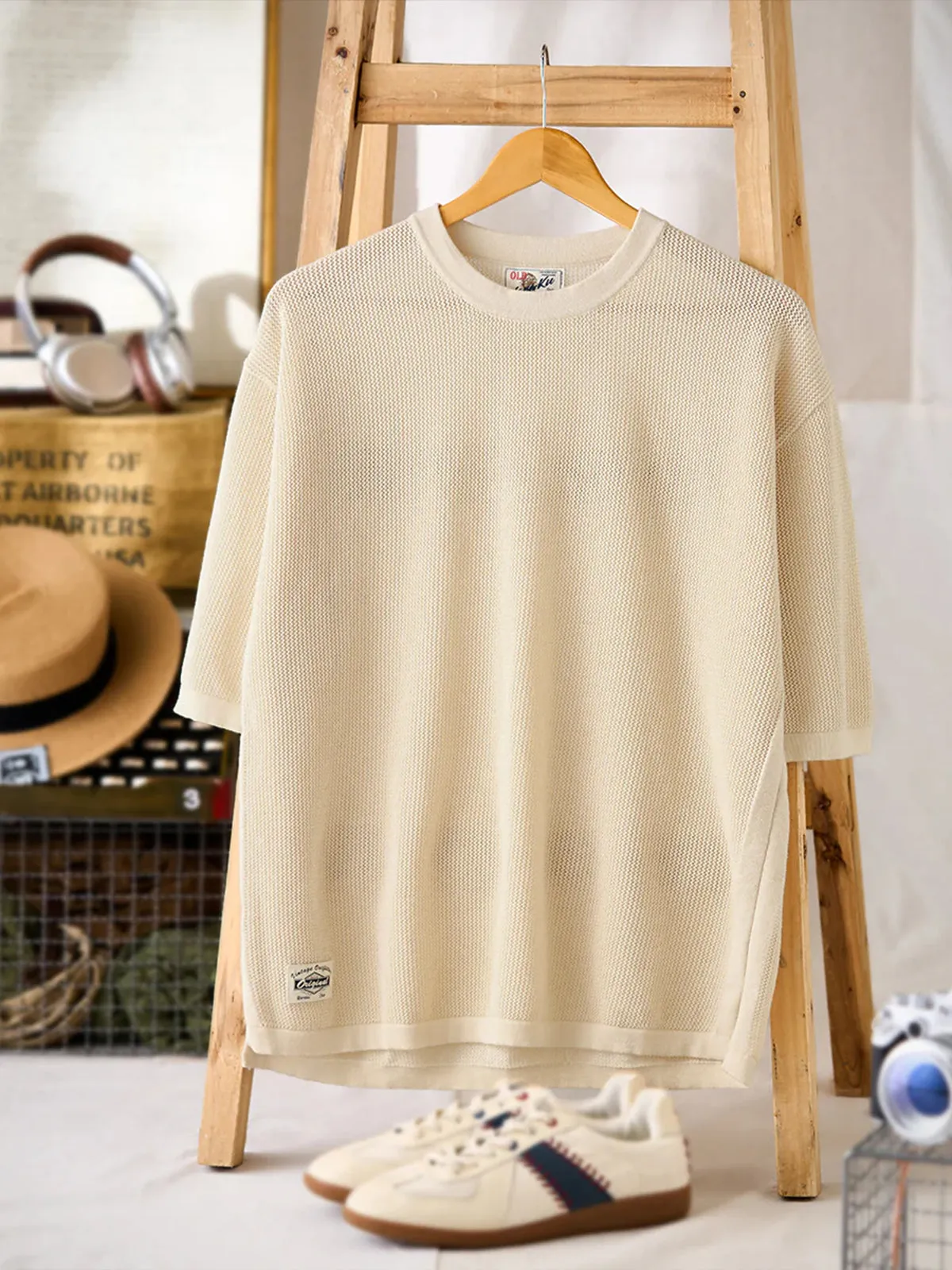 Clean Fit Knit T-Shirt with Side Rib Panels and Openwork Weave sold by Karaku product image thumbnail 3