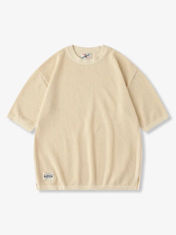 Clean Fit Knit T-Shirt with Side Rib Panels and Openwork Weave sold by Karaku