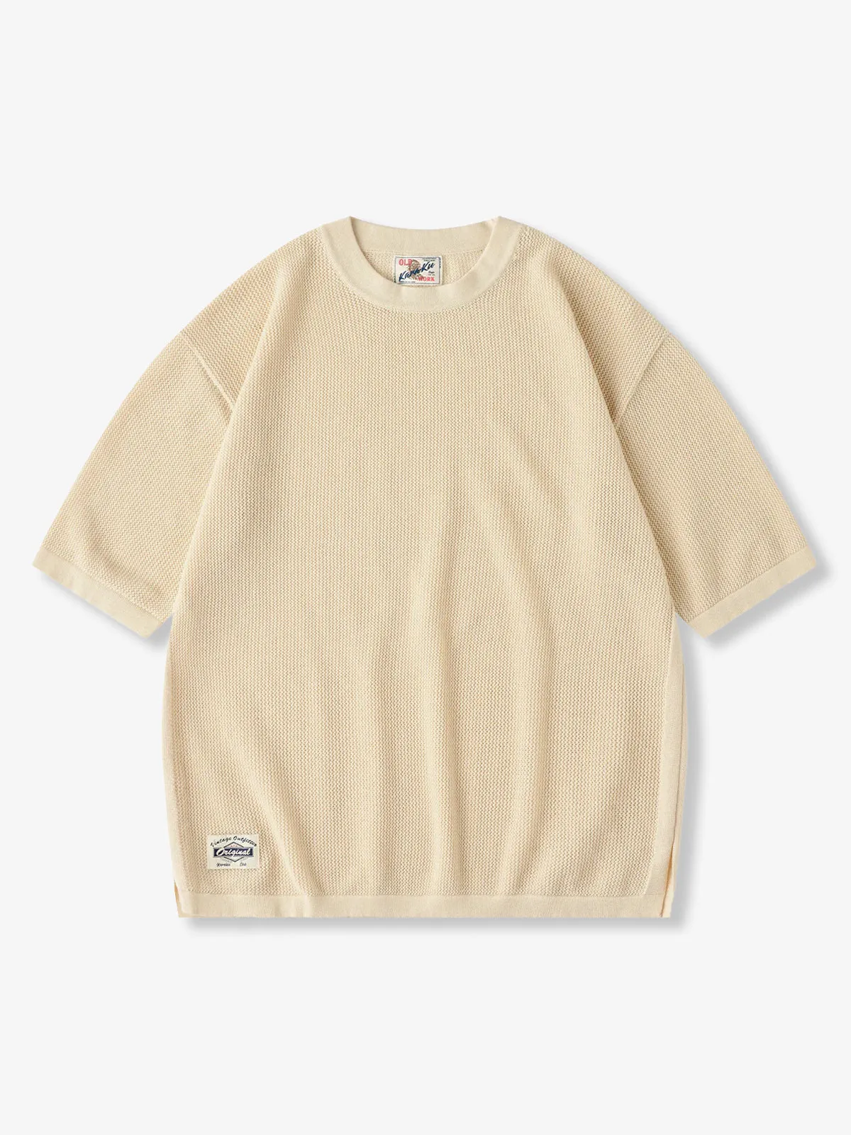 Clean Fit Knit T-Shirt with Side Rib Panels and Openwork Weave sold by Karaku