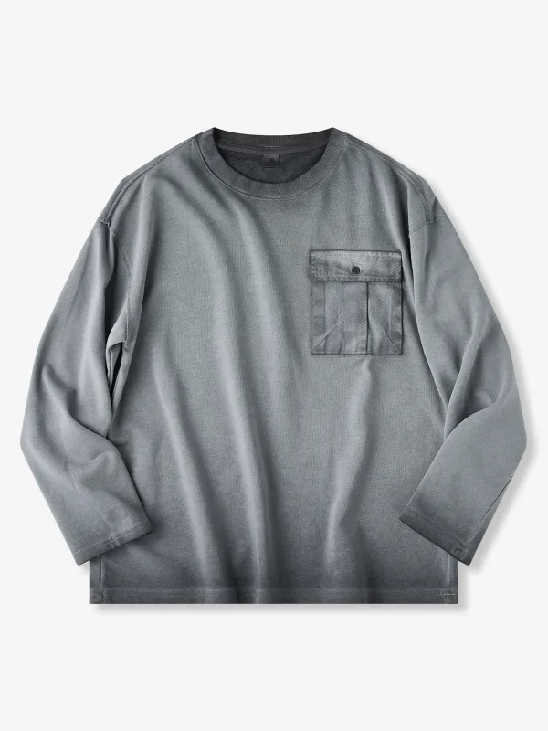 Long-Sleeve Gradient-Dyed Washed T-Shirt with Pleated Pocket sold by Karaku