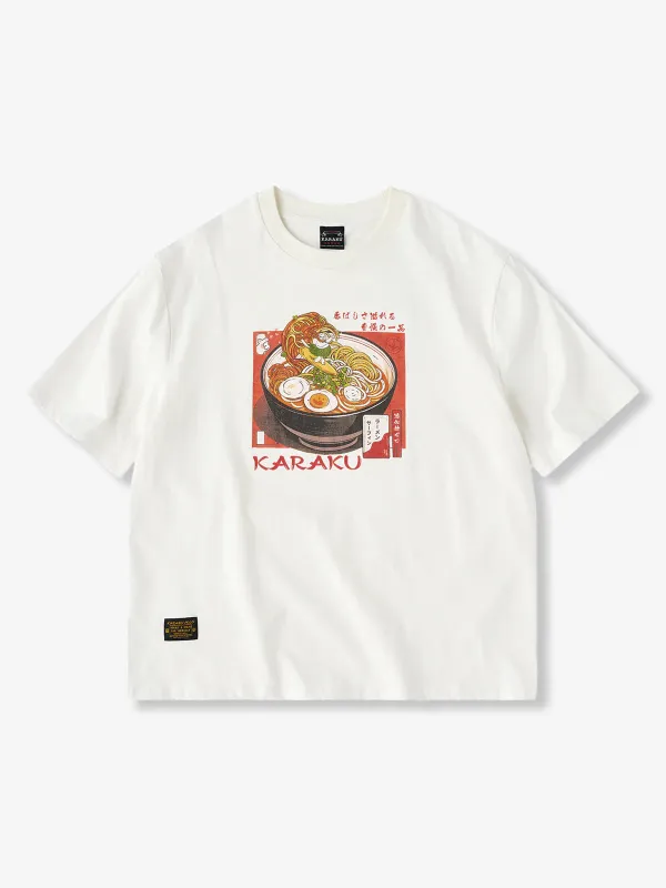“Ramen Wave Surfing & Hula Dancing Cat” Print Cotton T-Shirt made by Karaku