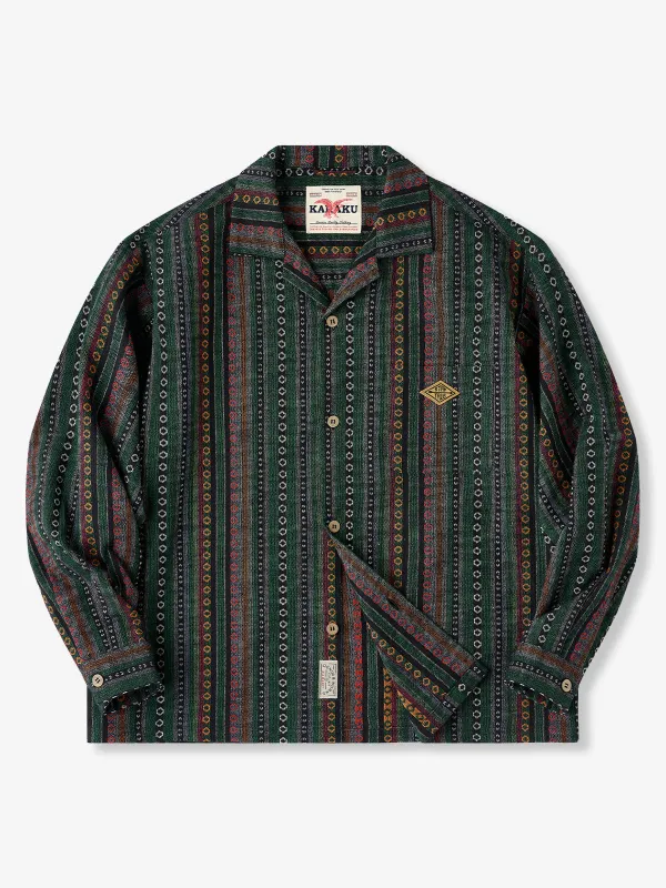Linen-Blend Ethnic Jacquard Woven Colorful Stripe Open-Collar Shirt sold by Karaku