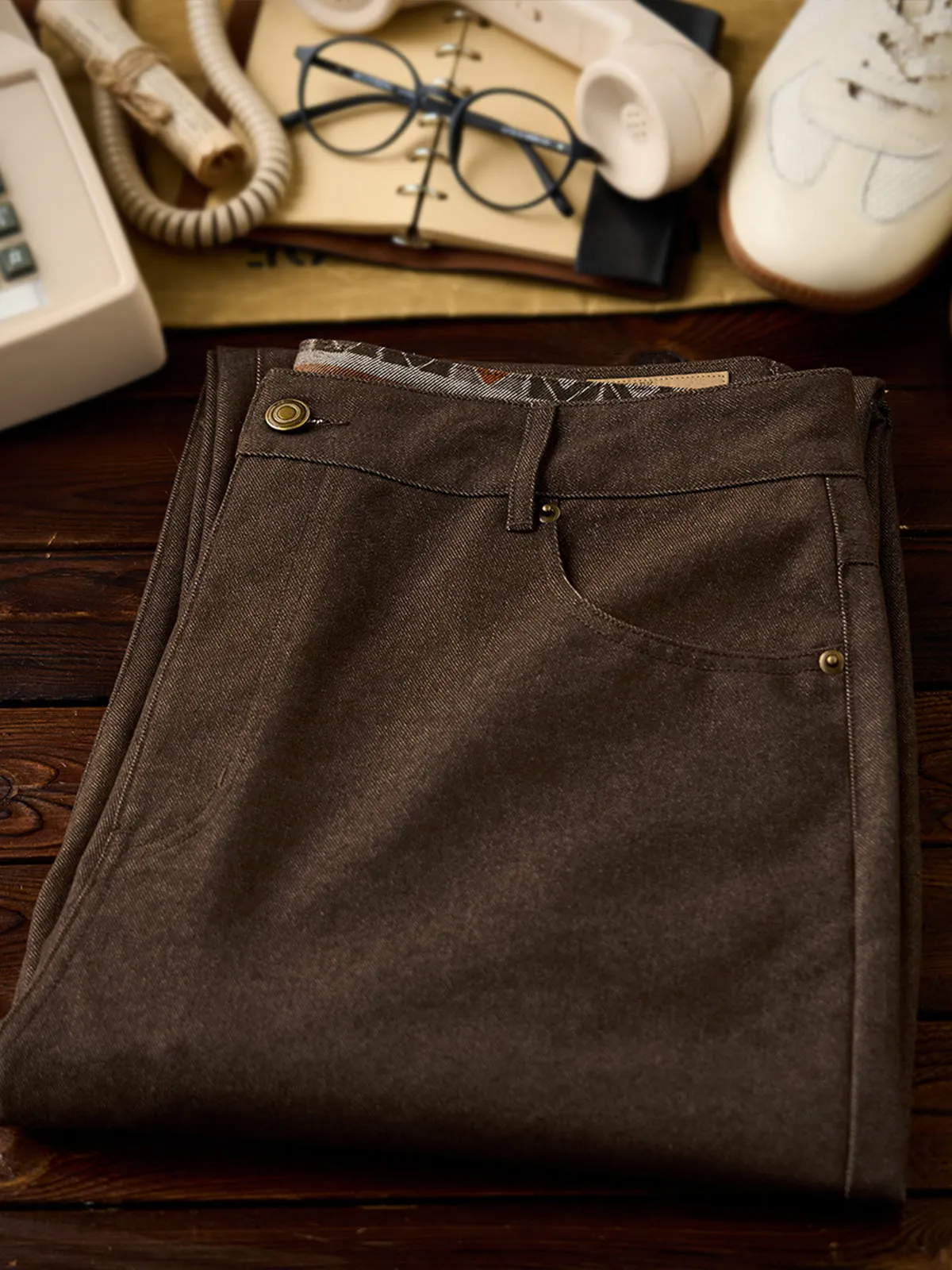 Ethnic-Pattern Lined Cotton-Blend Straight Denim Pants sold by Karaku product image thumbnail 4