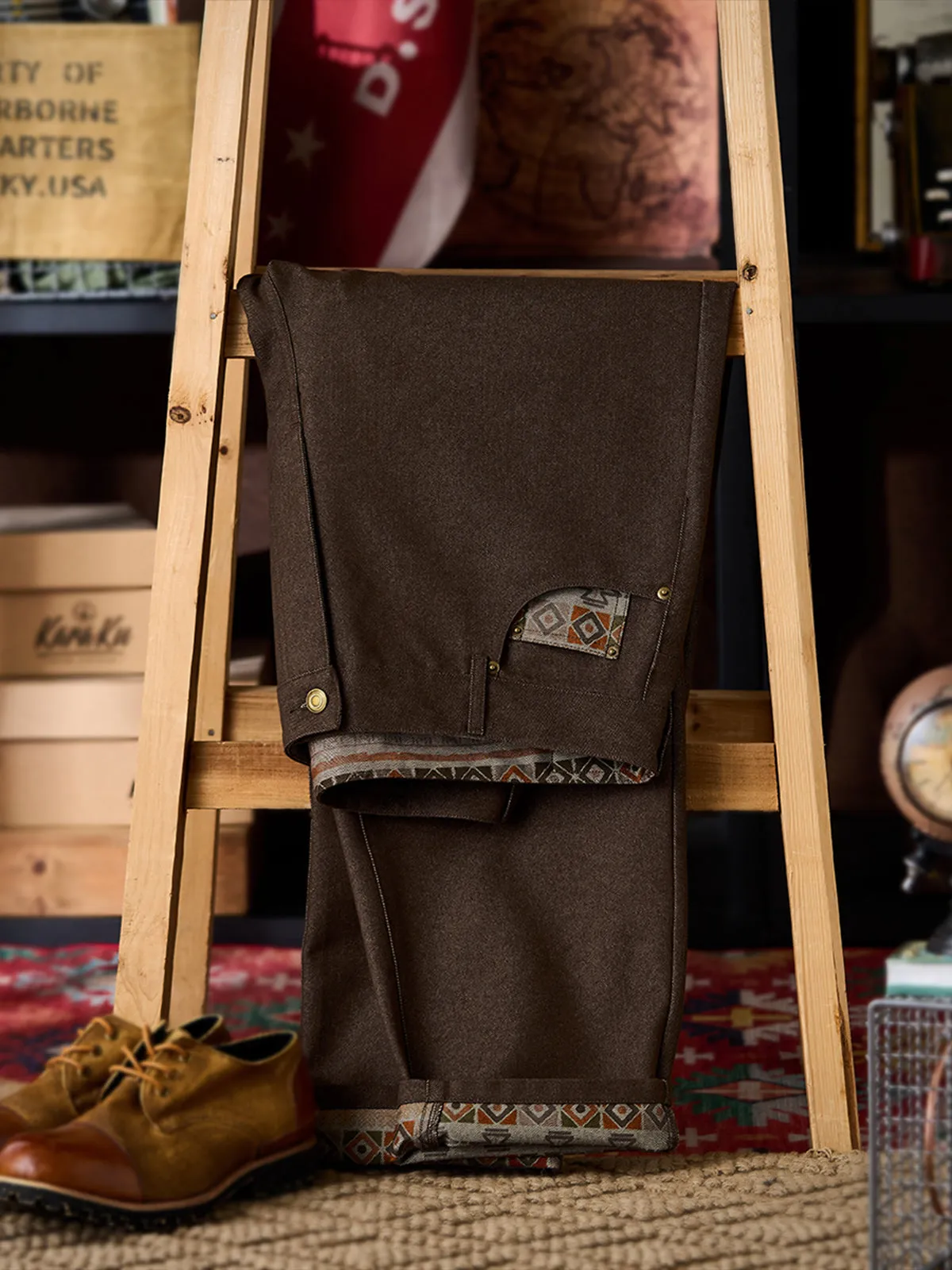 Ethnic-Pattern Lined Cotton-Blend Straight Denim Pants sold by Karaku product image thumbnail 3