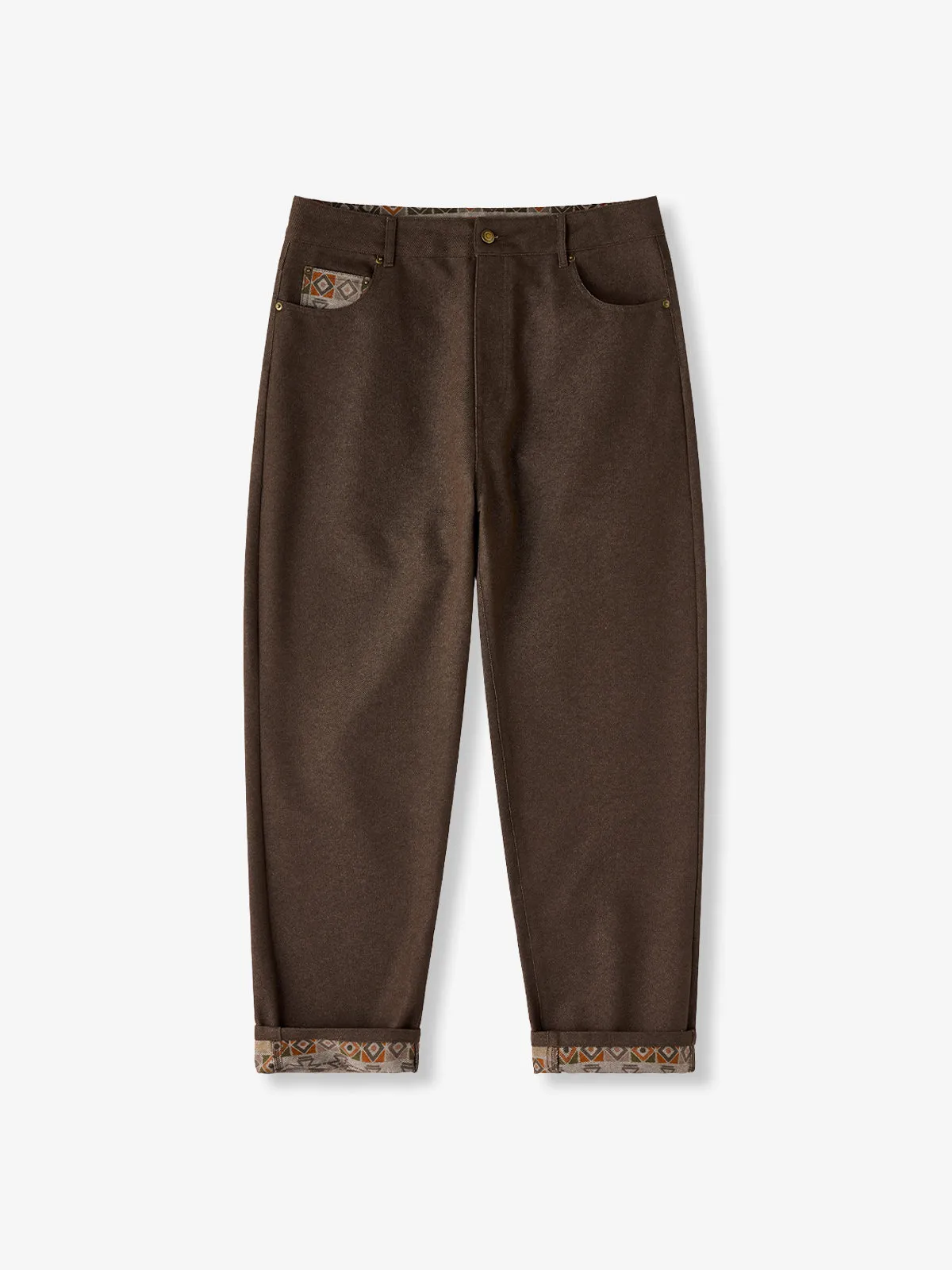 Ethnic-Pattern Lined Cotton-Blend Straight Denim Pants sold by Karaku