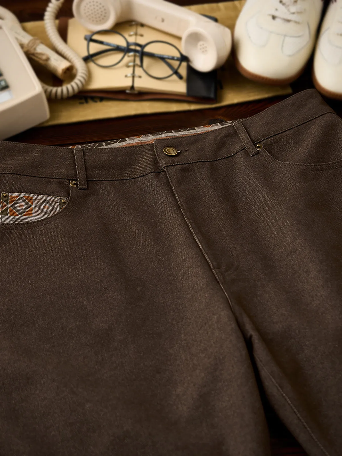 Ethnic-Pattern Lined Cotton-Blend Straight Denim Pants sold by Karaku product image thumbnail 5