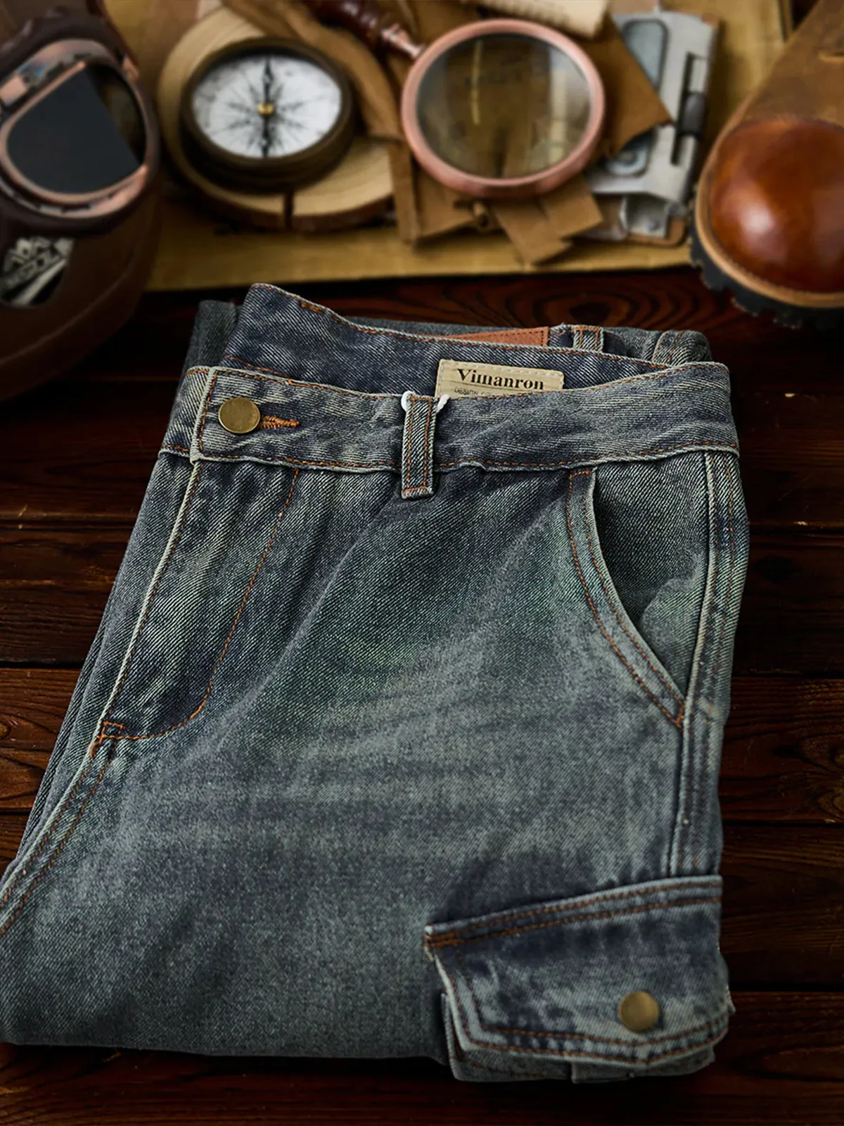 Whisker-Faded Washed Denim Pants with Cargo Pockets sold by Karaku product image thumbnail 5