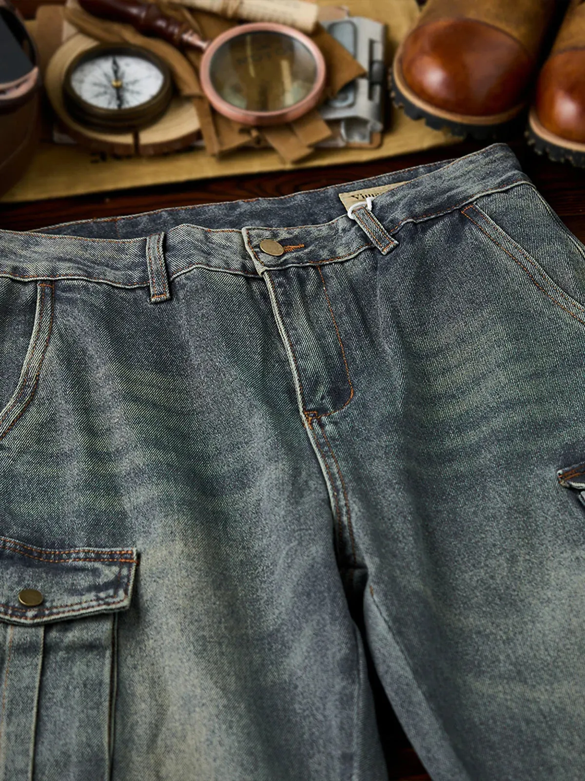 Whisker-Faded Washed Denim Pants with Cargo Pockets sold by Karaku product image thumbnail 4