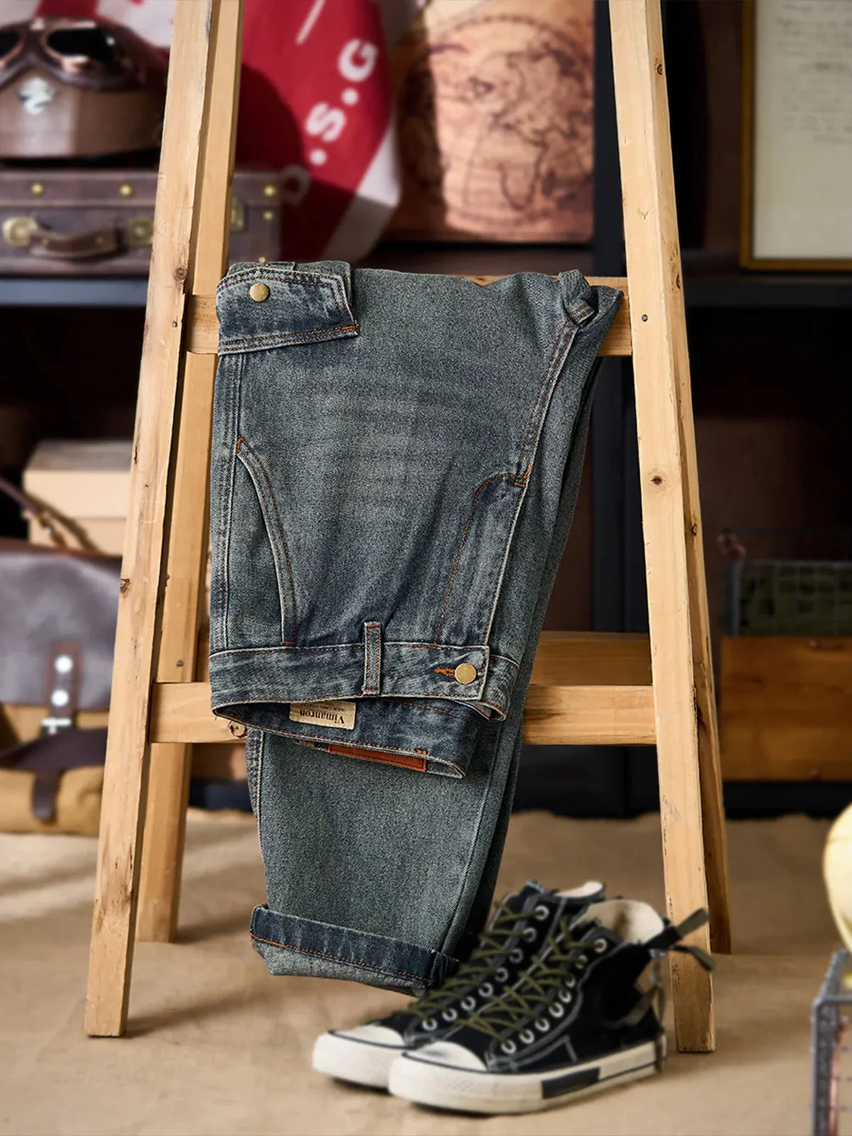 Whisker-Faded Washed Denim Pants with Cargo Pockets sold by Karaku product image thumbnail 3