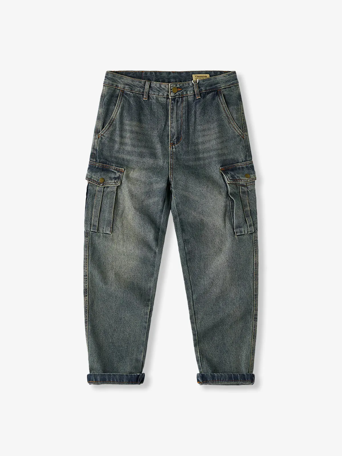 Whisker-Faded Washed Denim Pants with Cargo Pockets sold by Karaku