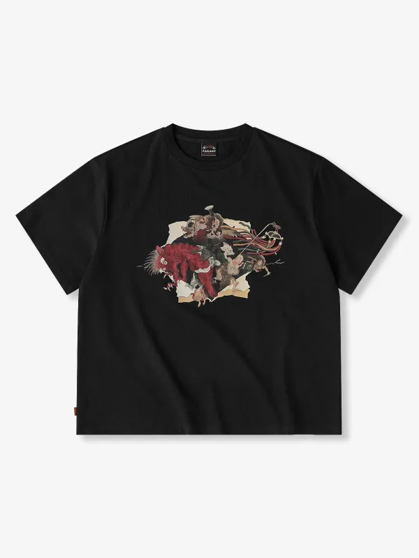 Muromachi-Era “Yokai Bursting Through the Emaki” Ukiyo-e Style Printed T-Shirt sold by Karaku