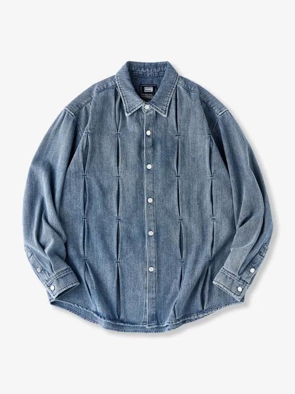 Pin-Tuck Stitch Washed Denim Long Sleeve Shirt made by Karaku