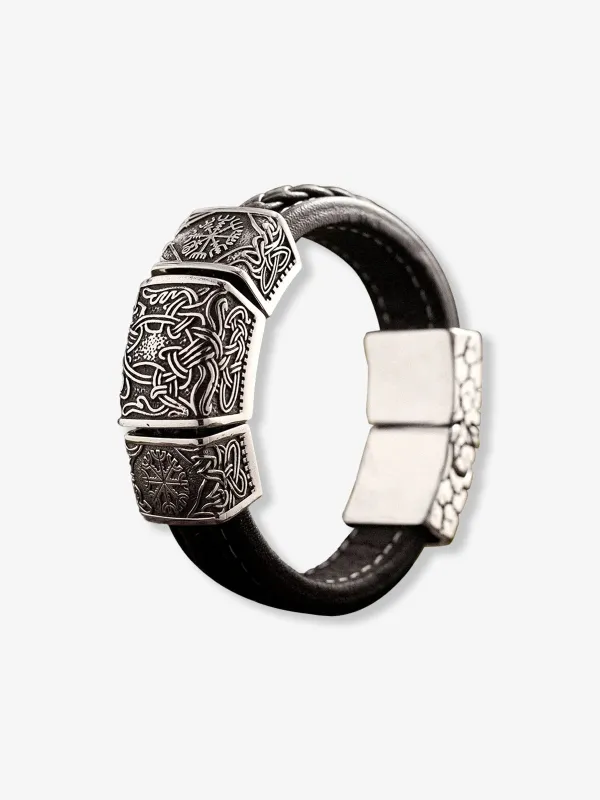 Viking-Style Leather Bracelet with Metal Buckle Closure sold by Karaku