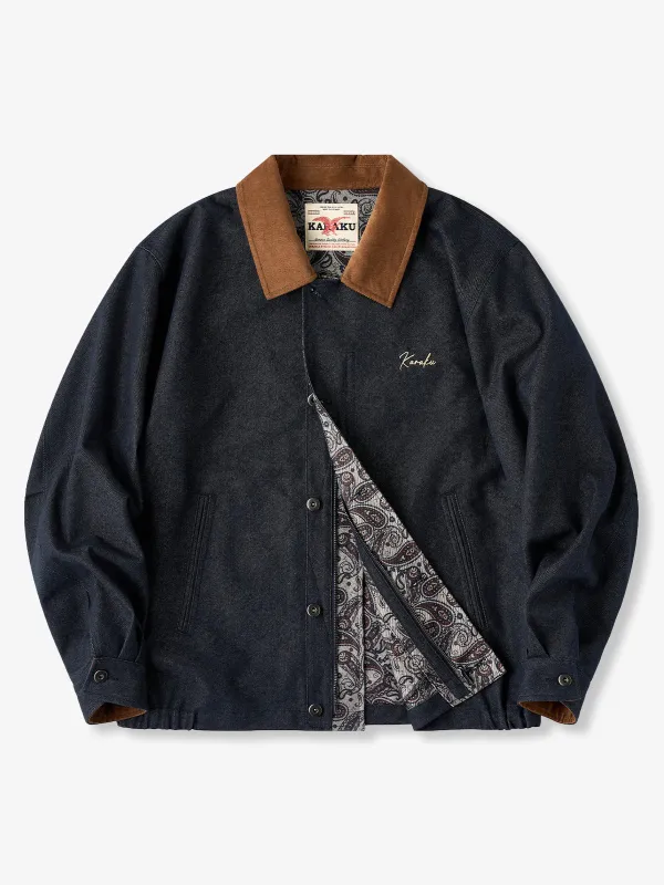 “KaraKu” Embroidered Denim Jacket with Paisley-Lined Interior and Corduroy Collar & Cuffs sold by Karaku