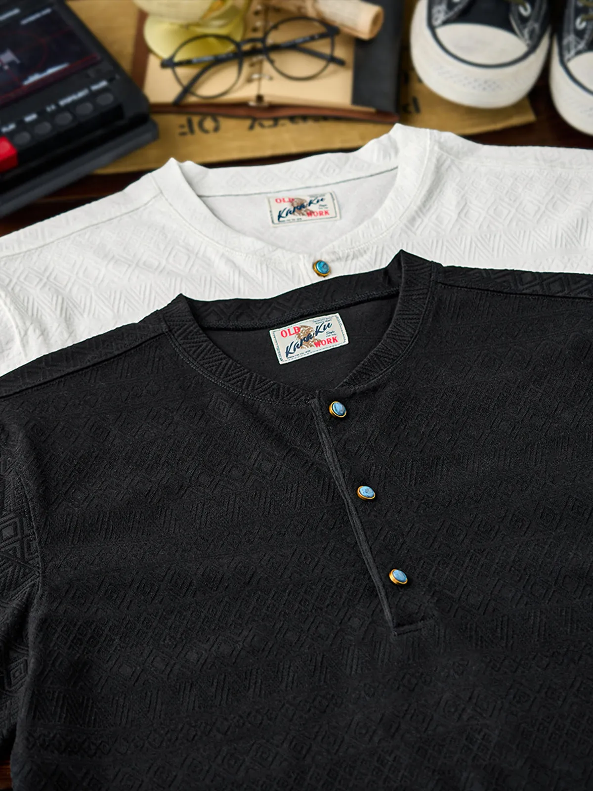Ethnic Jacquard Knit Henley Tee with Turquoise-Style Buttons sold by Karaku product image thumbnail 5