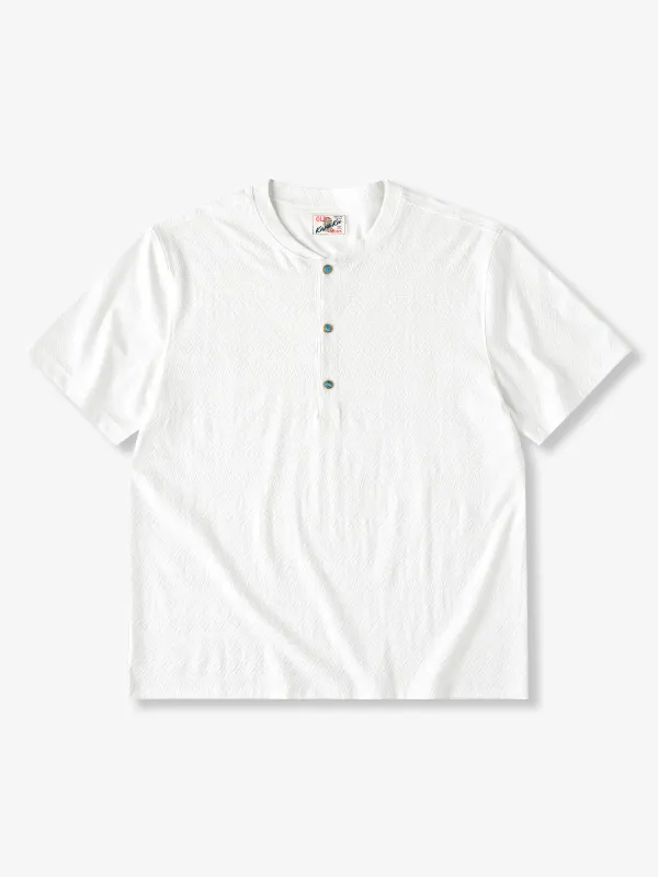 Ethnic Jacquard Knit Henley Tee with Turquoise-Style Buttons made by Karaku