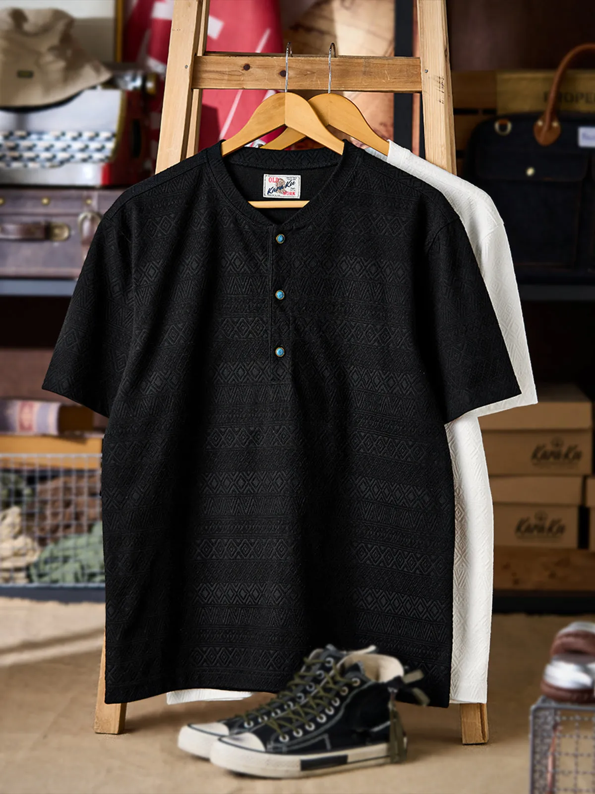 Ethnic Jacquard Knit Henley Tee with Turquoise-Style Buttons sold by Karaku product image thumbnail 4