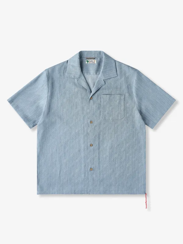 [Pre-Order] Geometric Jacquard Tencel-Blend Open-Collar Shirt with Red Hem Drawstring sold by Karaku