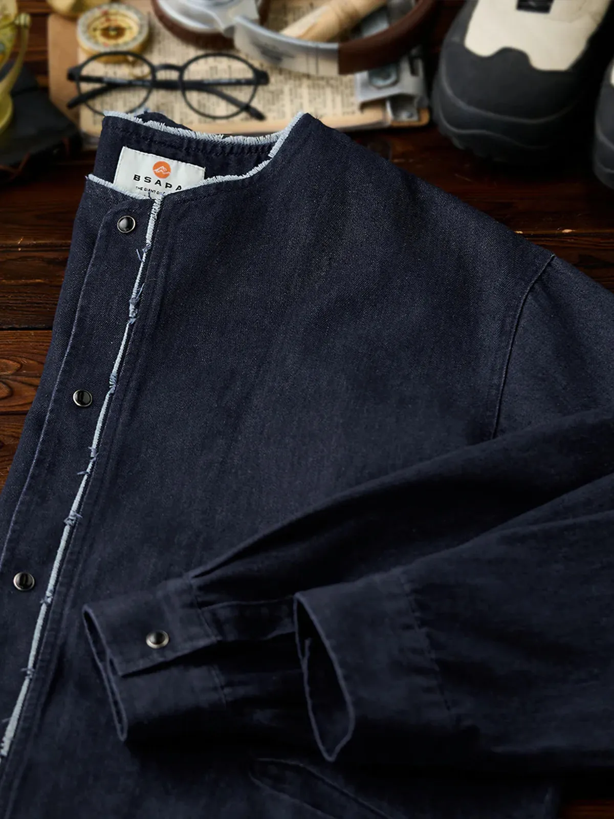 Fringed Collar & Placket No-Collar Denim Jacket sold by Karaku product image thumbnail 5