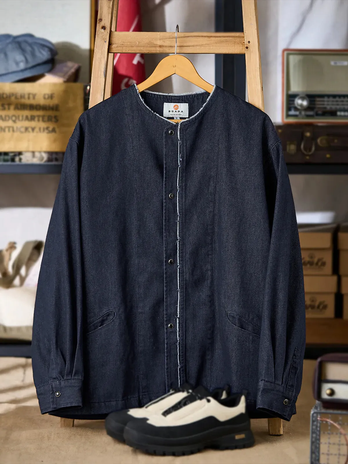 Fringed Collar & Placket No-Collar Denim Jacket sold by Karaku product image thumbnail 3