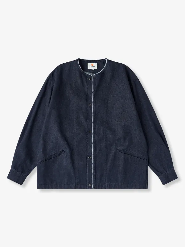 Fringed Collar & Placket No-Collar Denim Jacket made by Karaku
