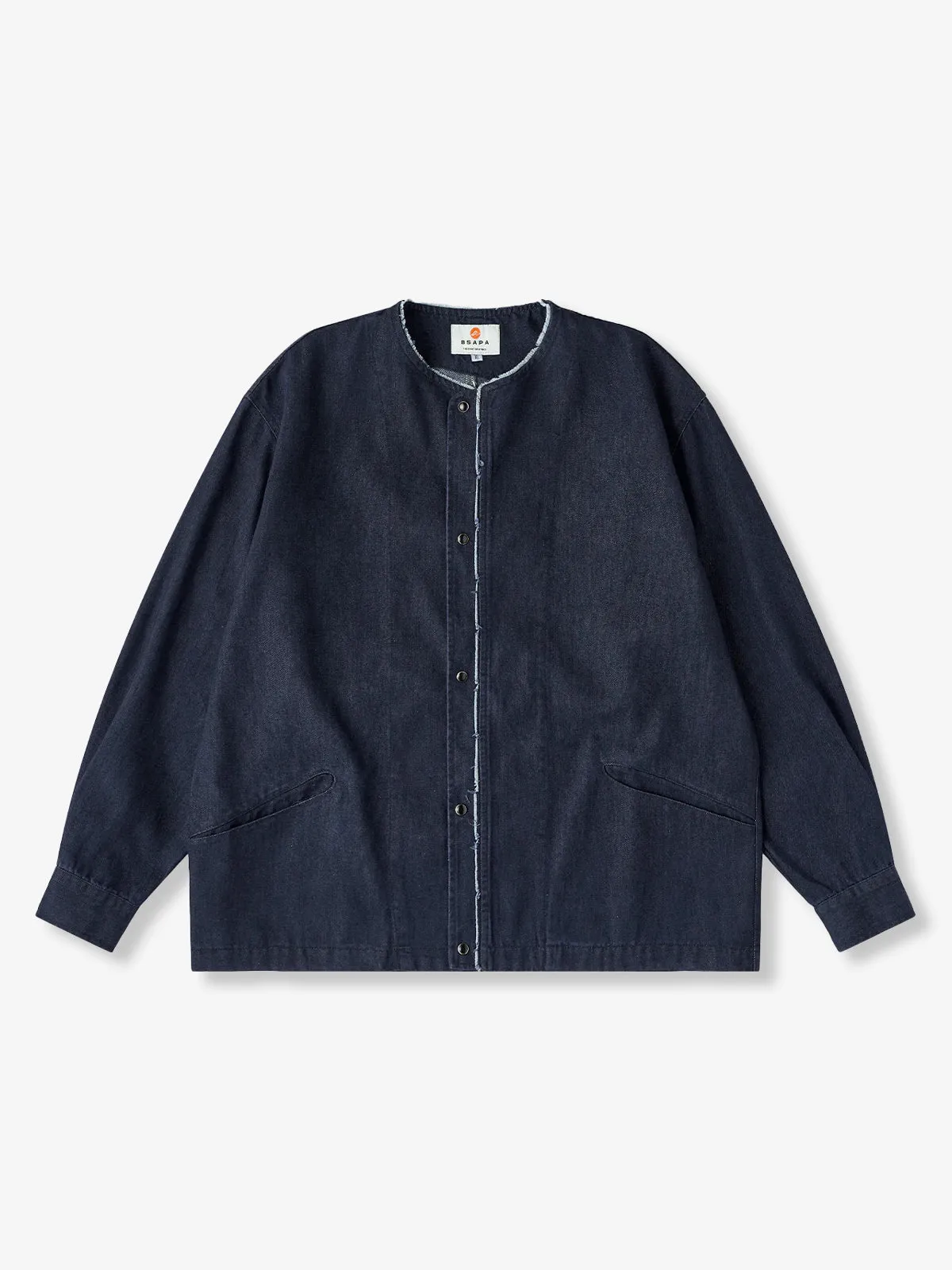 Fringed Collar & Placket No-Collar Denim Jacket sold by Karaku