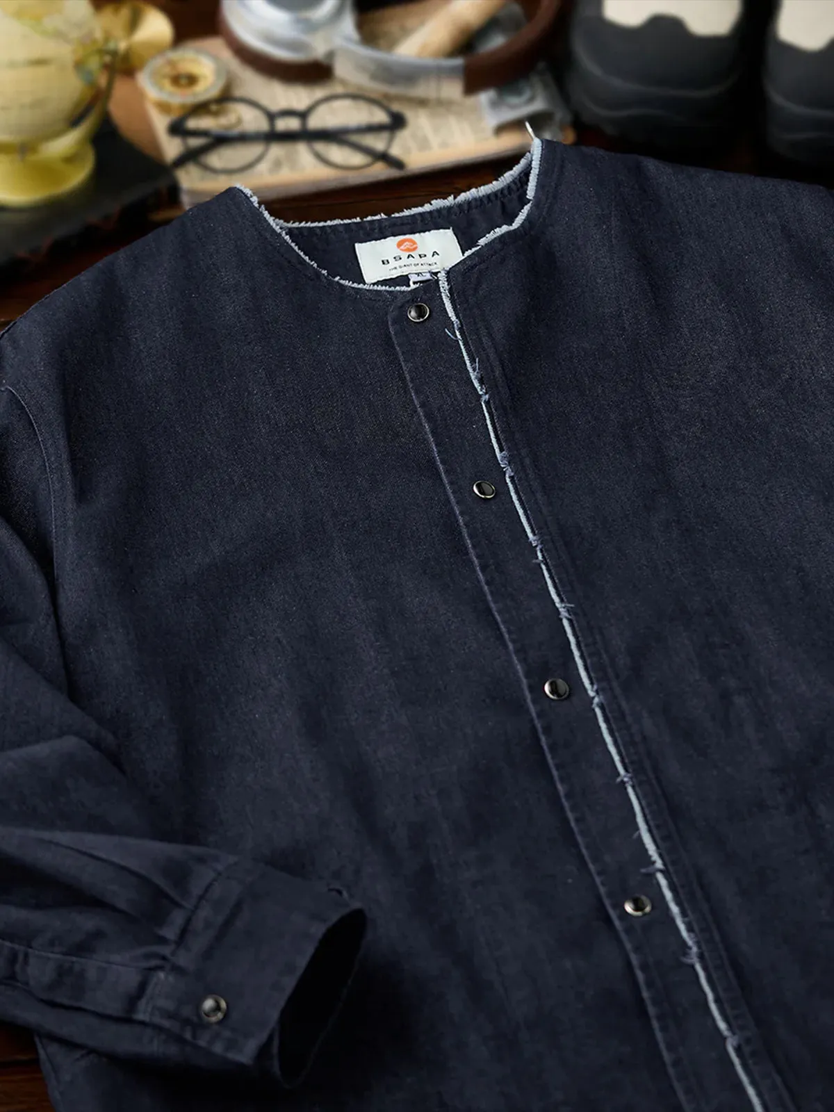 Fringed Collar & Placket No-Collar Denim Jacket sold by Karaku product image thumbnail 4