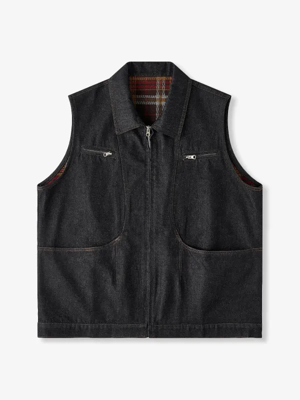 Washed Denim Vest with Lined Check Pattern and Multiple Pockets sold by Karaku