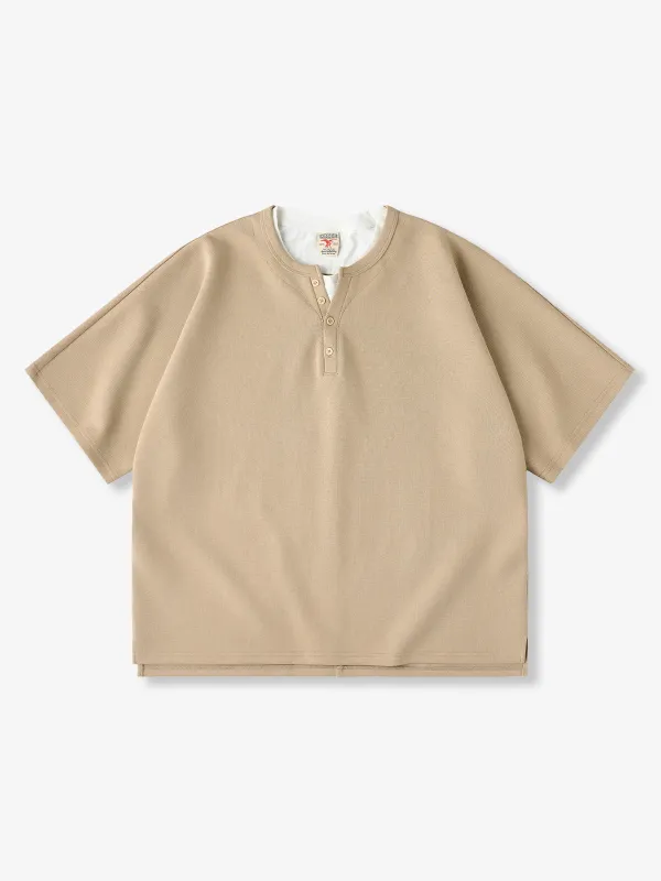 [Pre-order] Air-Layer Faux Layered Henley Neck T-Shirt sold by Karaku