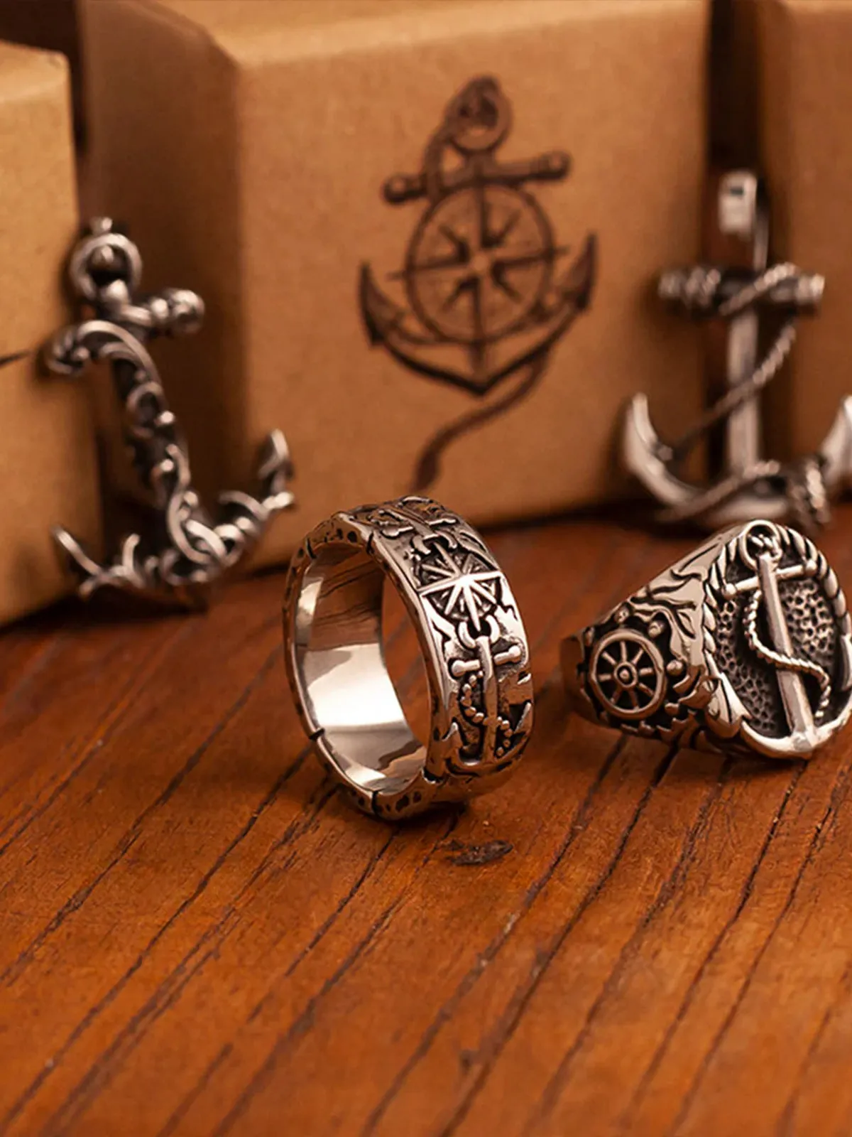 Anchor & Compass Motif Vintage-Finish Titanium Ring sold by Karaku product image thumbnail 4