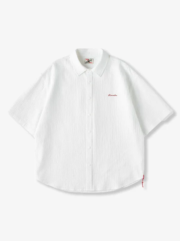 “Karaku” Single-Point Embroidered Textured Short-Sleeve Shirt with Red Drawstring made by Karaku