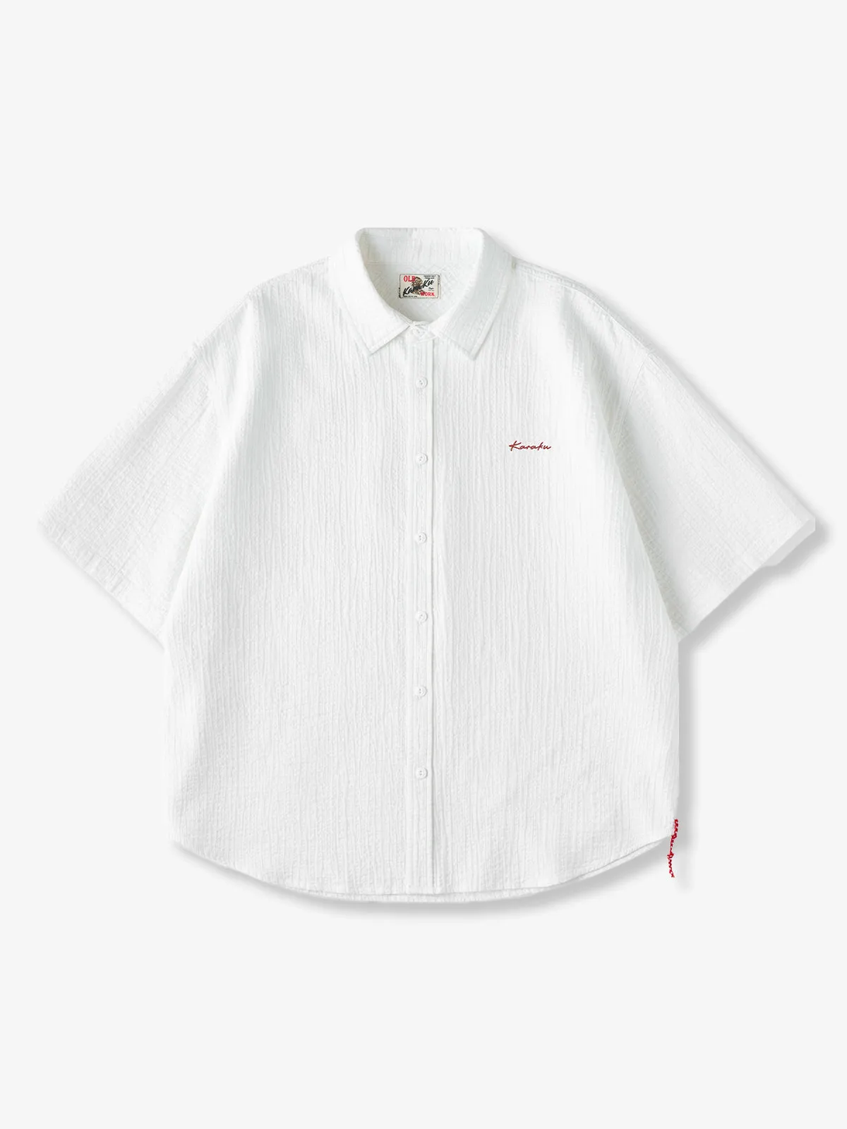 “Karaku” Single-Point Embroidered Textured Short-Sleeve Shirt with Red Drawstring sold by Karaku