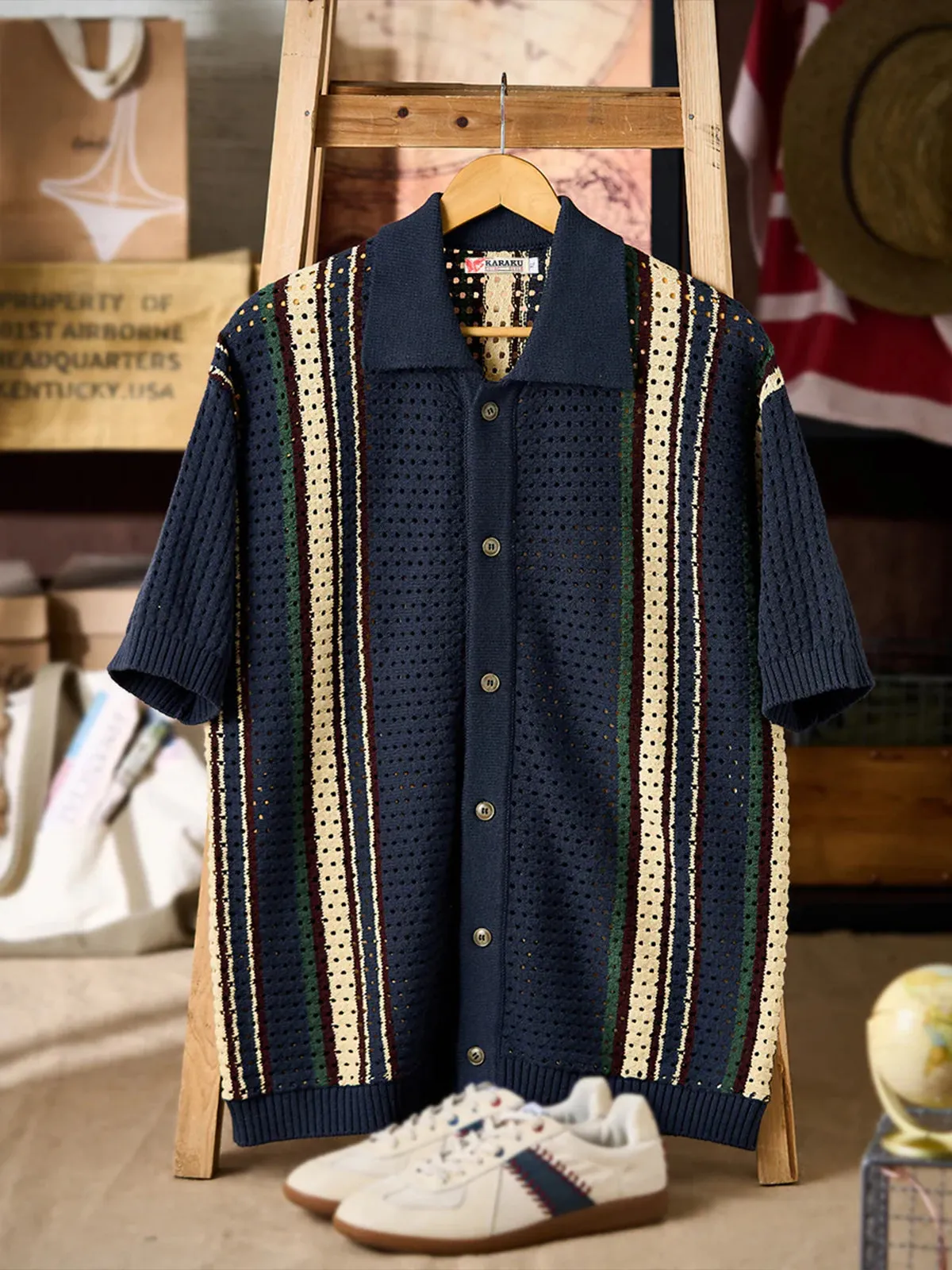Colorblock Multi-Stripe Openwork Lace Knit Shirt sold by Karaku product image thumbnail 3