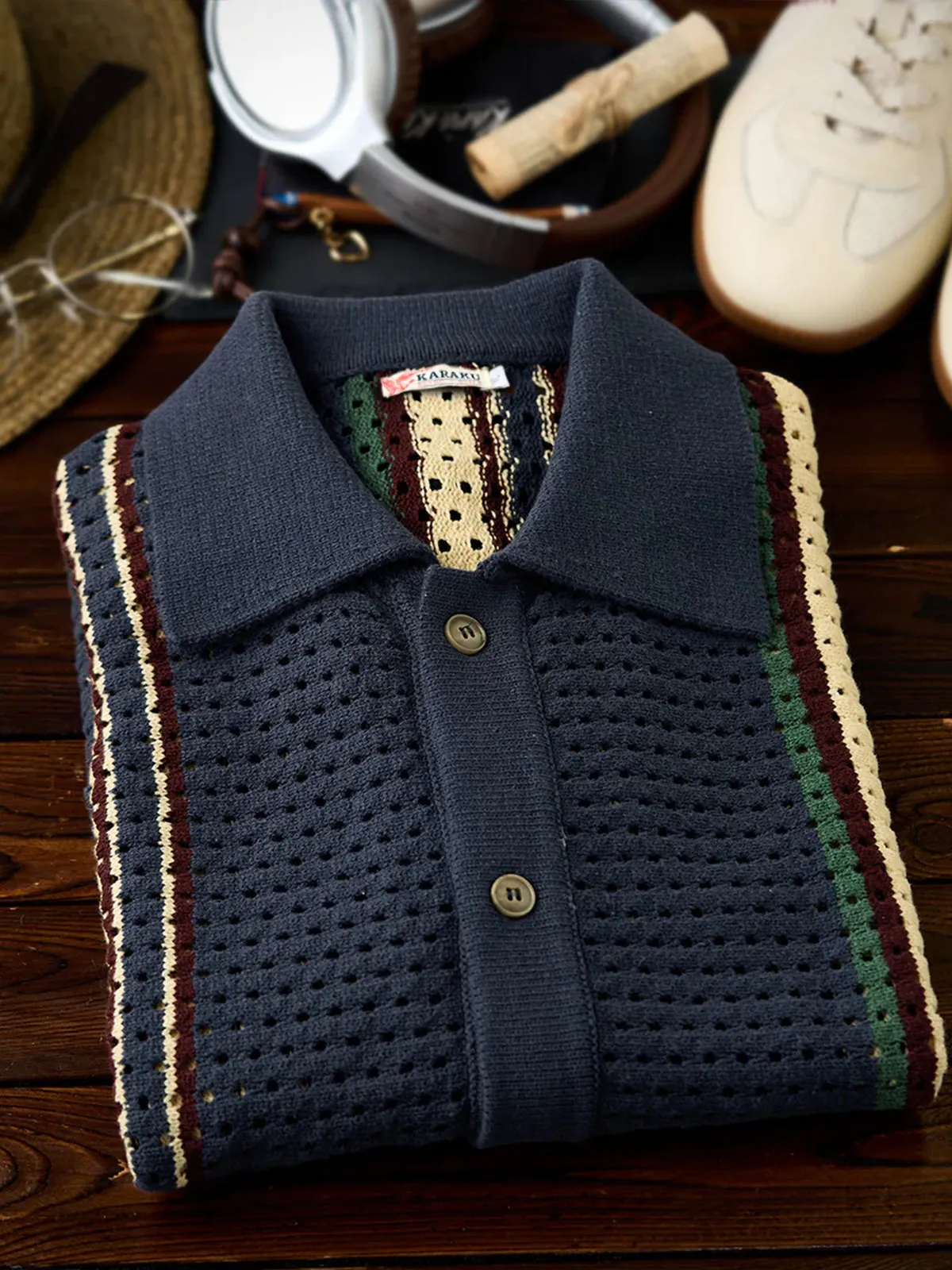 Colorblock Multi-Stripe Openwork Lace Knit Shirt sold by Karaku product image thumbnail 5