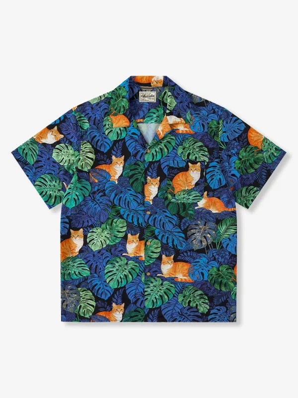 Monstera & Ginger Tabby Print Cuban Collar Aloha Shirt made by Karaku