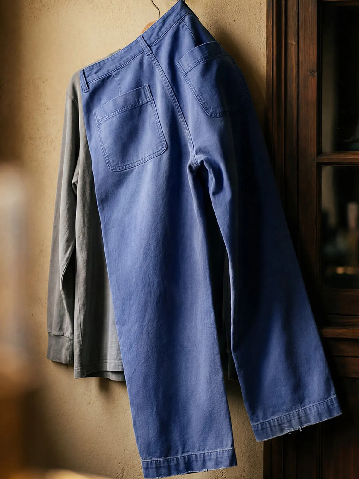 Blue Washed Canvas Loose Straight-Leg French Work Pants sold by Karaku product image thumbnail 3
