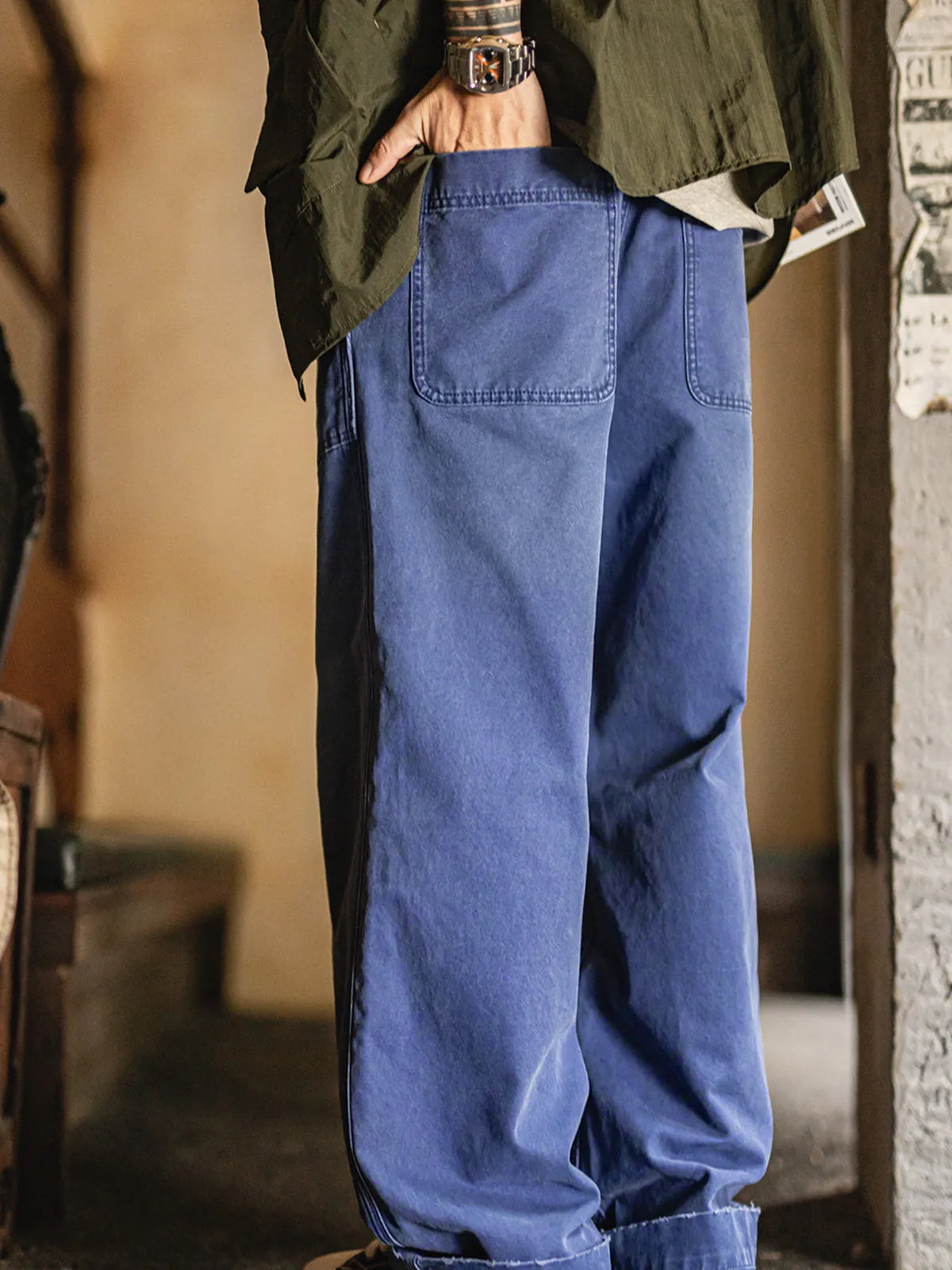 Blue Washed Canvas Loose Straight-Leg French Work Pants sold by Karaku product image thumbnail 5