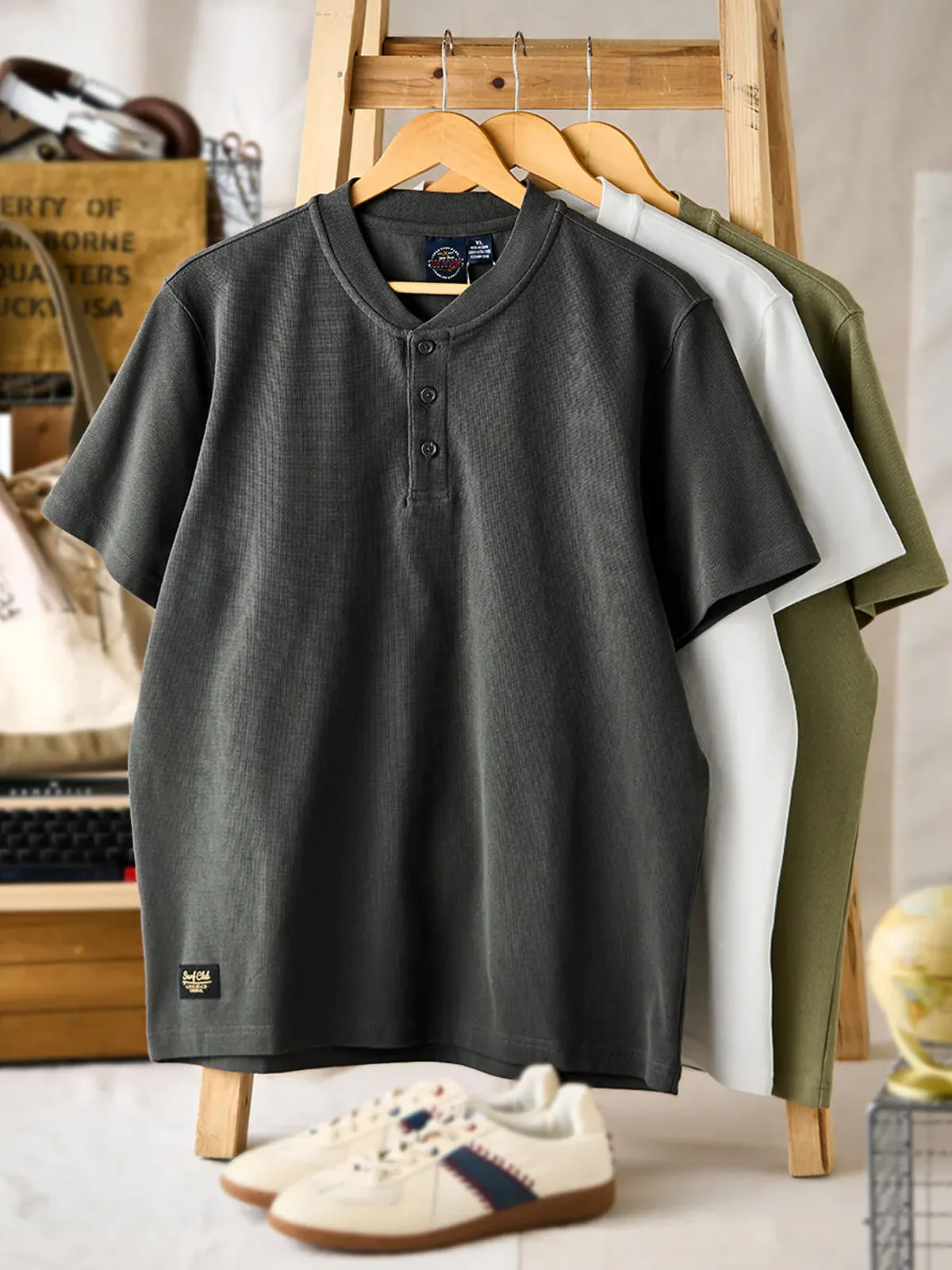 Three-button Waffle Knit Henley Neck T-shirt sold by Karaku product image thumbnail 5
