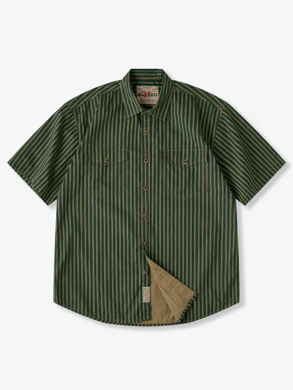 Double Pocket Retro Stripe Cotton Short-Sleeve Shirt made by Karaku