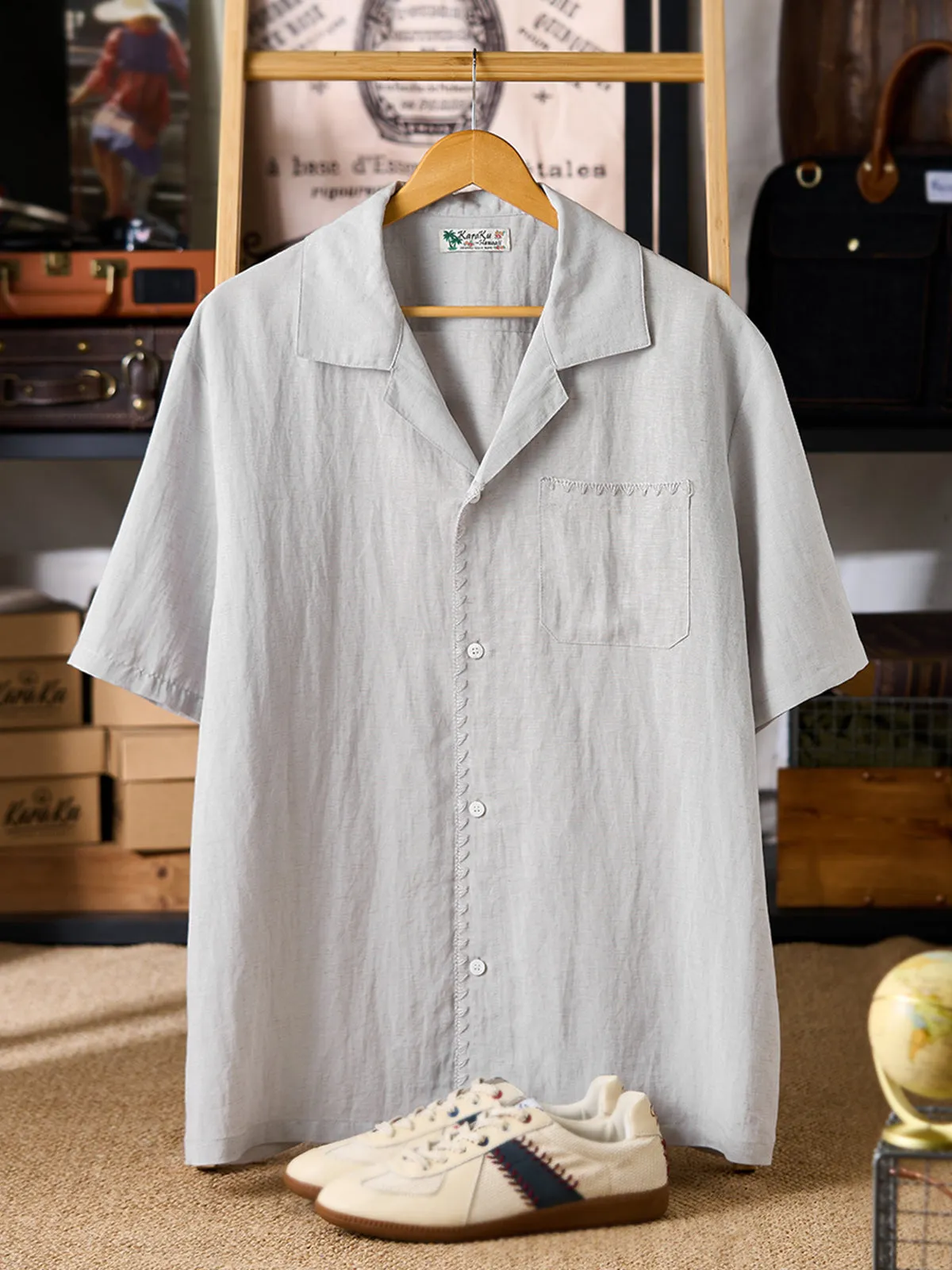 Linen-Blend Cuban Collar Shirt with Chain Stitch on the Placket and Pockets sold by Karaku product image thumbnail 3