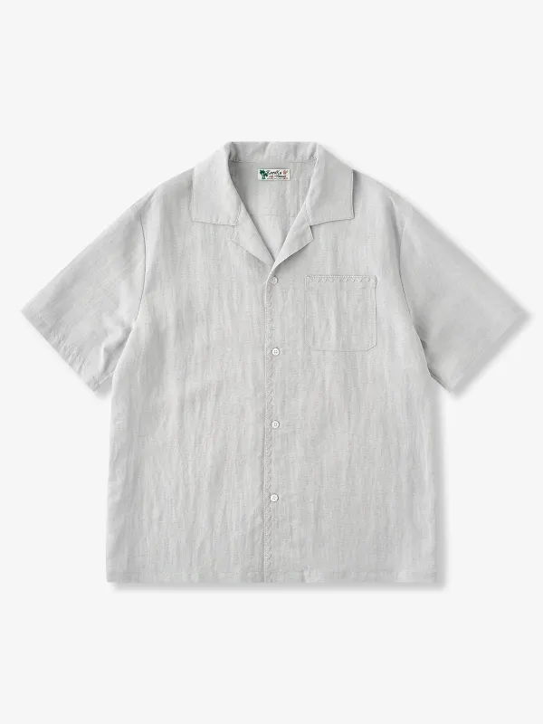 Linen-Blend Cuban Collar Shirt with Chain Stitch on the Placket and Pockets made by Karaku