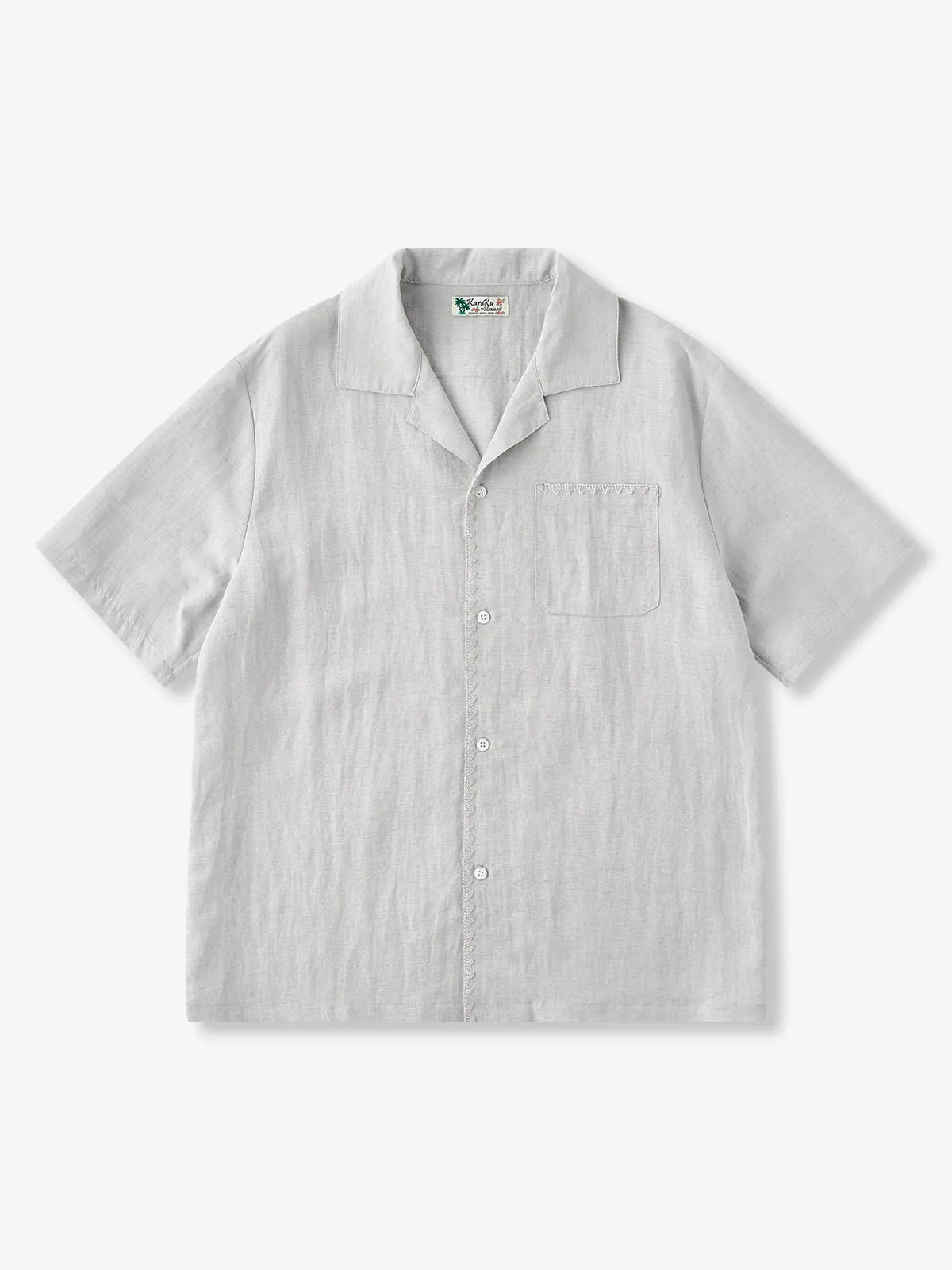 Linen-Blend Cuban Collar Shirt with Chain Stitch on the Placket and Pockets sold by Karaku
