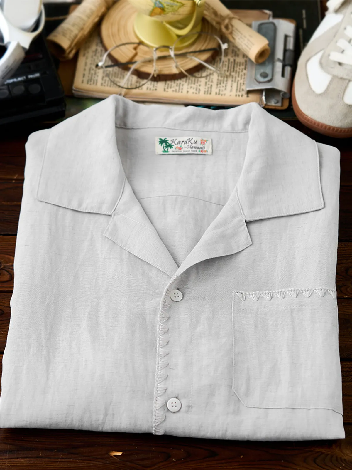 Linen-Blend Cuban Collar Shirt with Chain Stitch on the Placket and Pockets sold by Karaku product image thumbnail 4