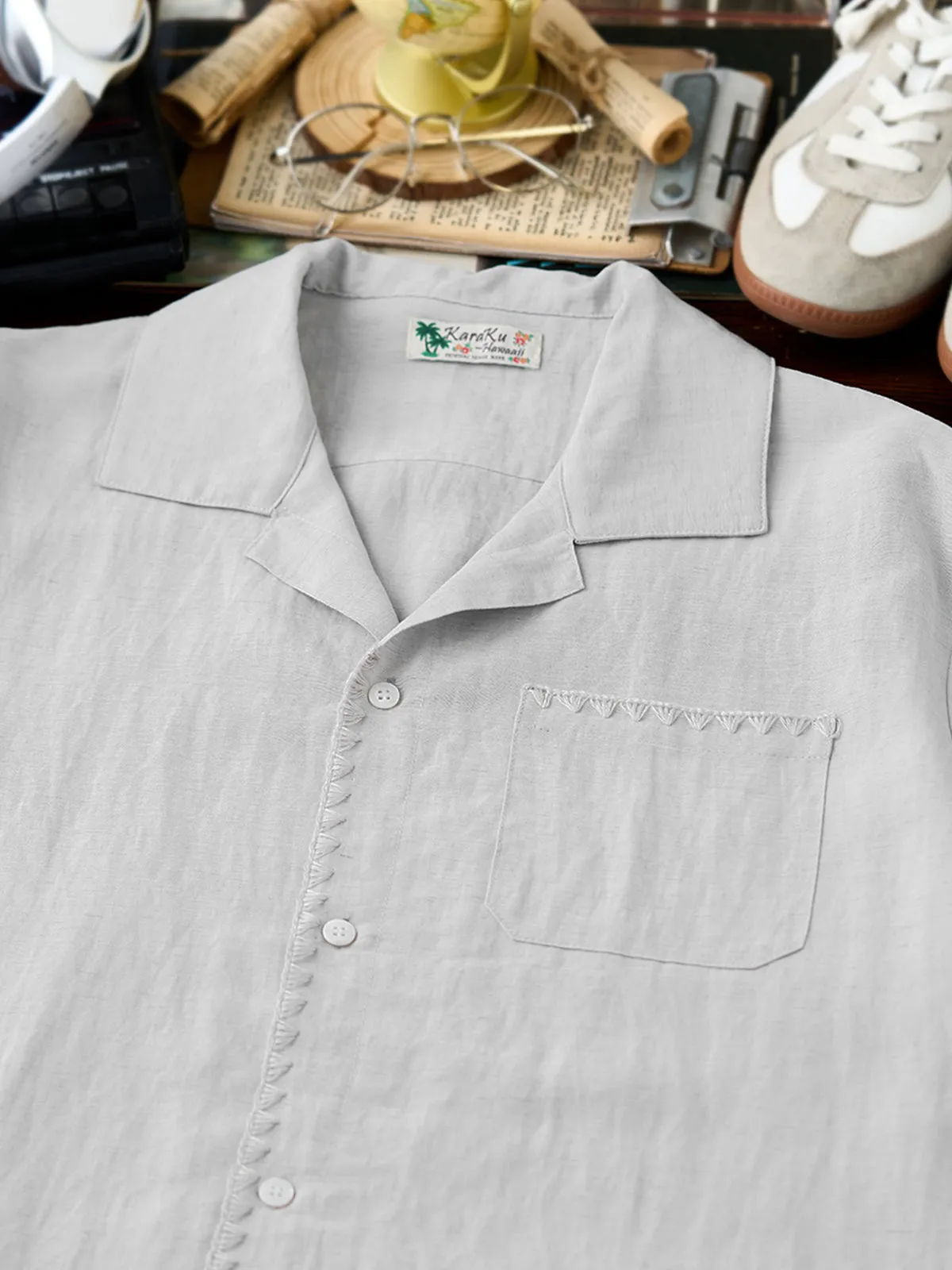 Linen-Blend Cuban Collar Shirt with Chain Stitch on the Placket and Pockets sold by Karaku product image thumbnail 5