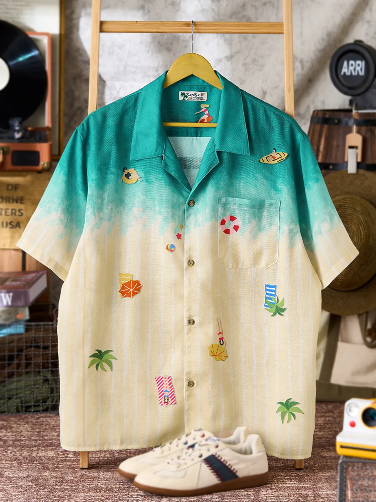 “Hawaiian Beach Aerial View” Gradient Faux Cotton Aloha Shirt sold by Karaku product image thumbnail 3