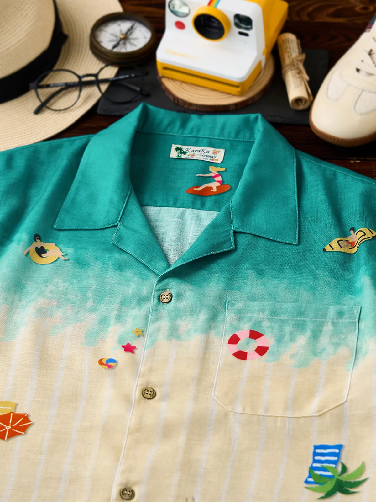“Hawaiian Beach Aerial View” Gradient Faux Cotton Aloha Shirt sold by Karaku product image thumbnail 5