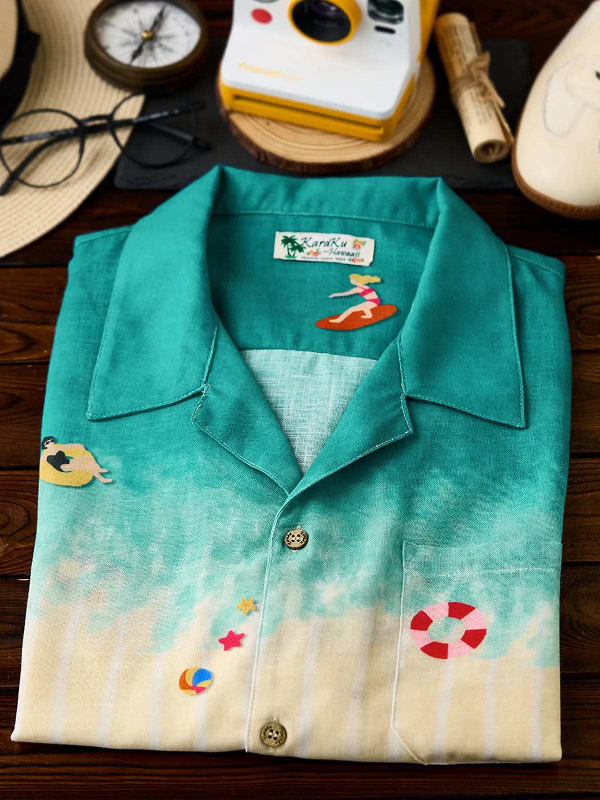 “Hawaiian Beach Aerial View” Gradient Faux Cotton Aloha Shirt sold by Karaku product image thumbnail 4