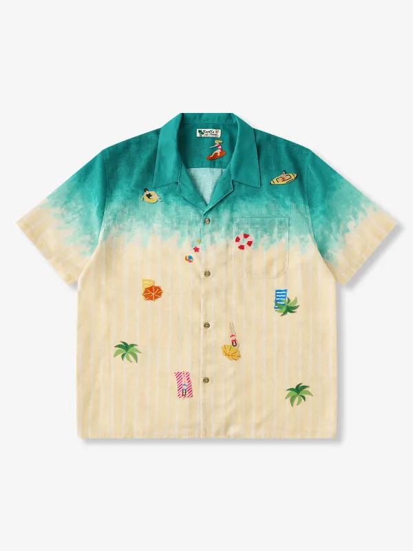 “Hawaiian Beach Aerial View” Gradient Faux Cotton Aloha Shirt made by Karaku