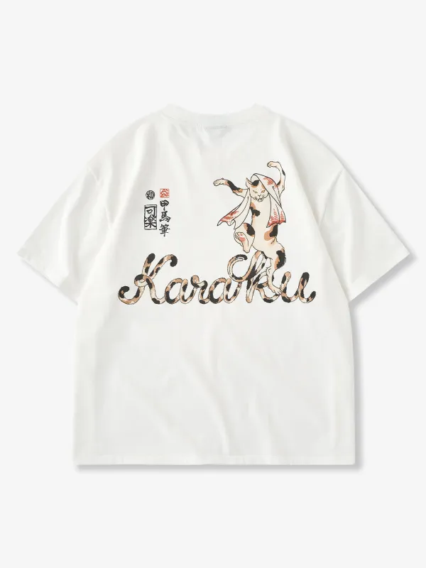 KARAKU × Koma “Strange Hundred Monster Stories” Dancing Bakeneko Print & Embroidered Cotton Tee made by Karaku