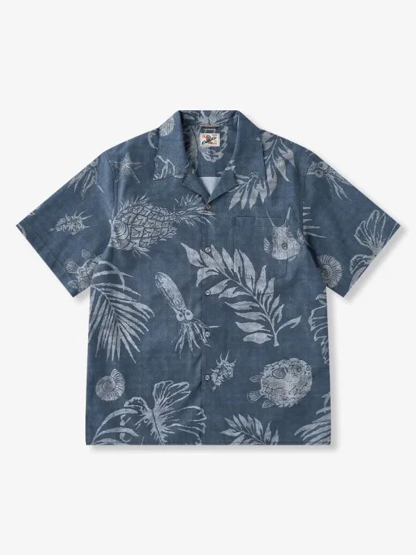 “Pineapple Transformed into Marine Life” Discharge-Print Style Aloha Shirt made by Karaku